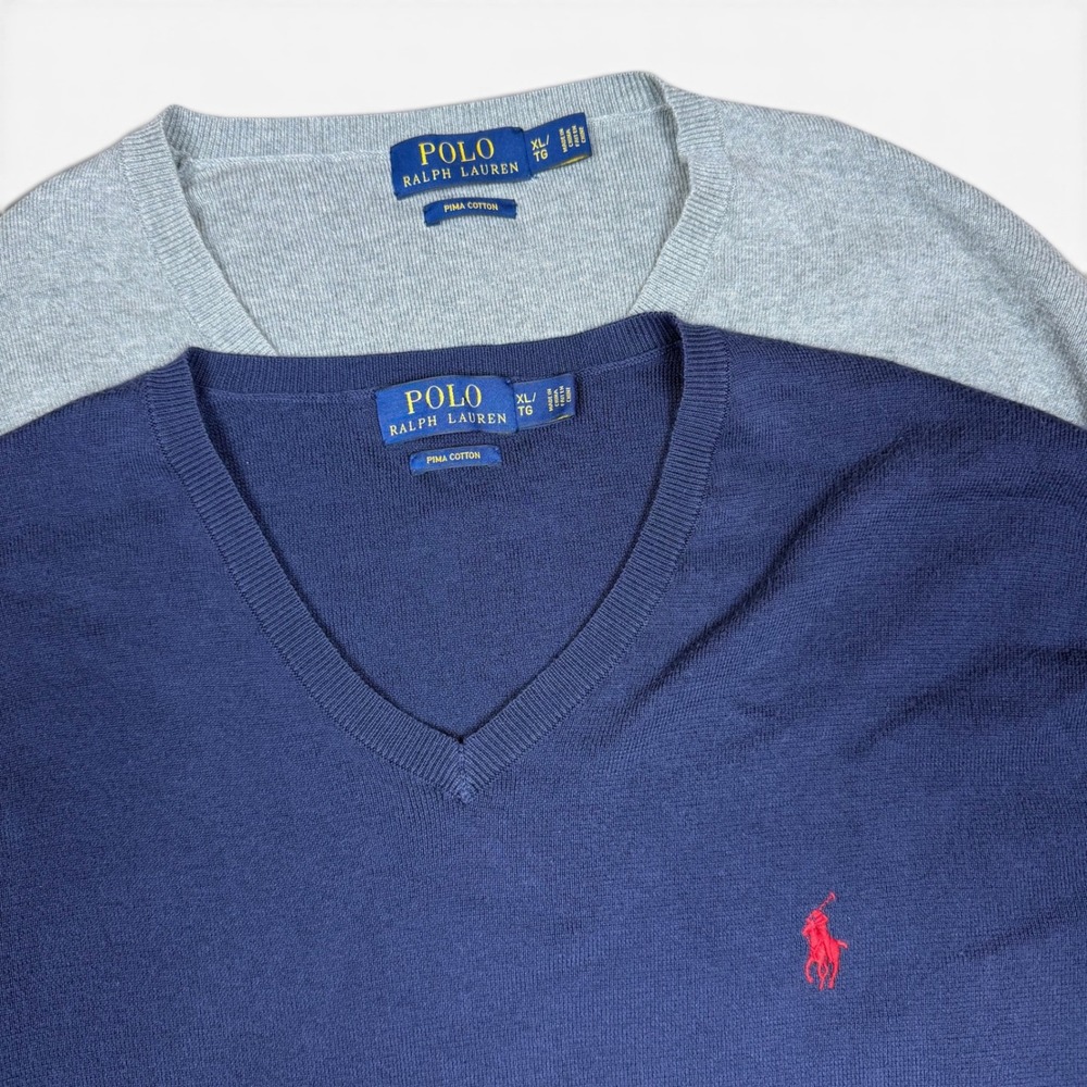 Lot of 2 Polo Ralph Lauren Mens XL Pima Cotton V-Neck Sweaters Gray Navy Blue - Picture 2 of 10